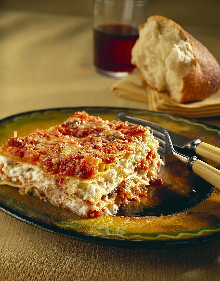 Vegetable Lasagna with Bread and Red Wine