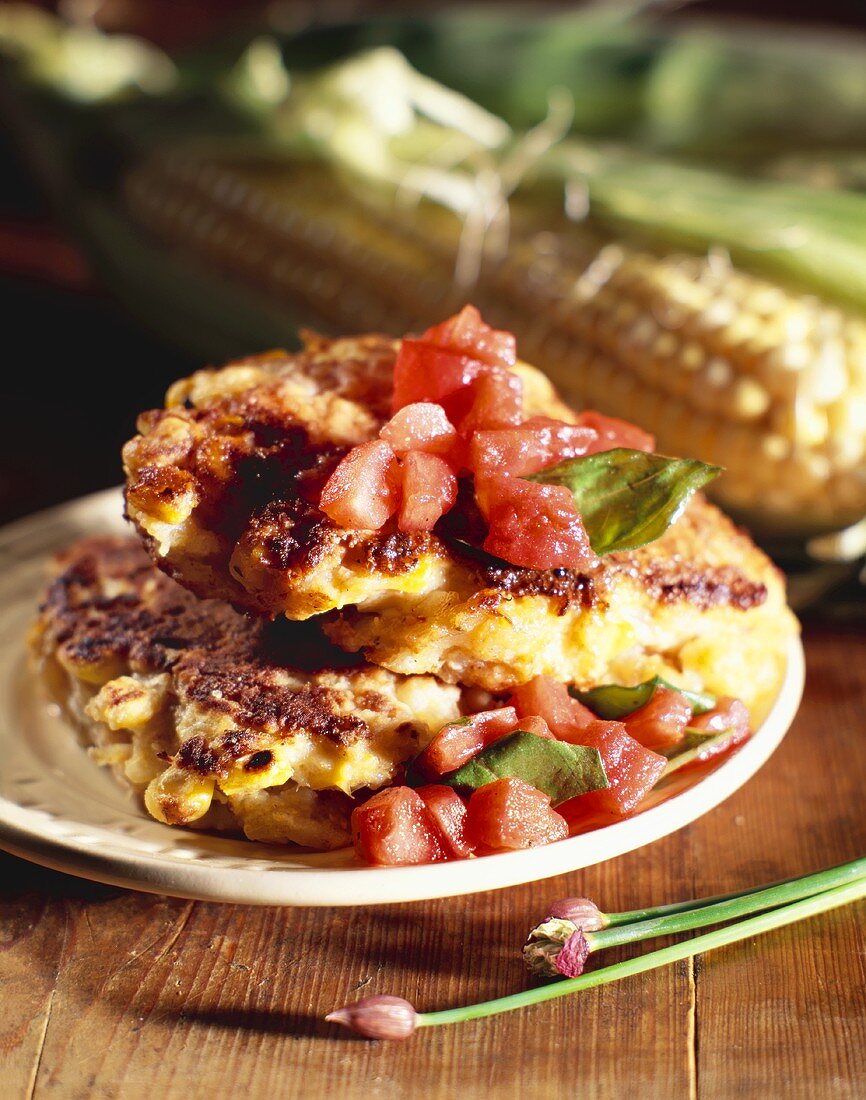 Corn Crab Cakes with Fresh Tomatoes and Basil