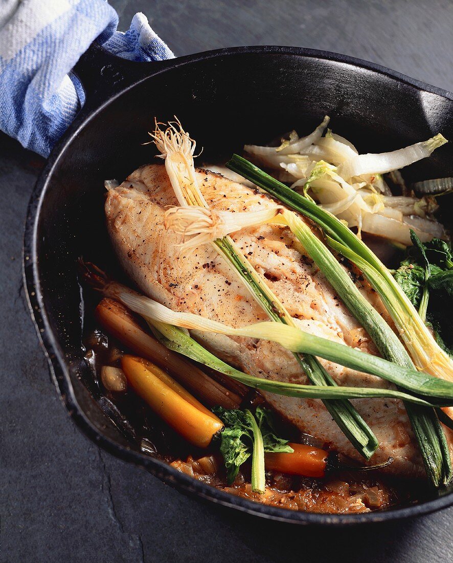 Roasted Halibut with Scallions, Peppers and Spinach in Cast Iron Skillet