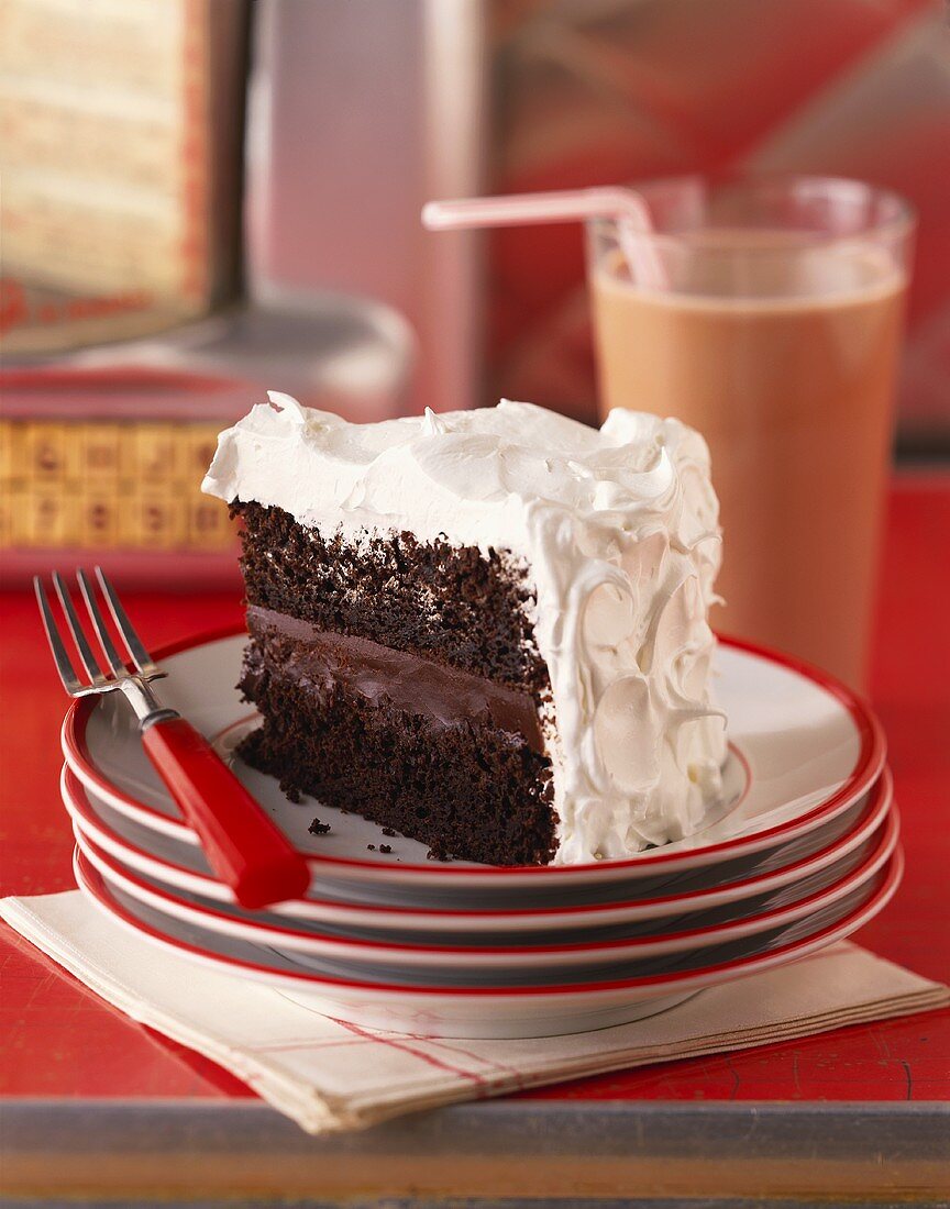 A Slice of Chocolate Cake with White Frosting