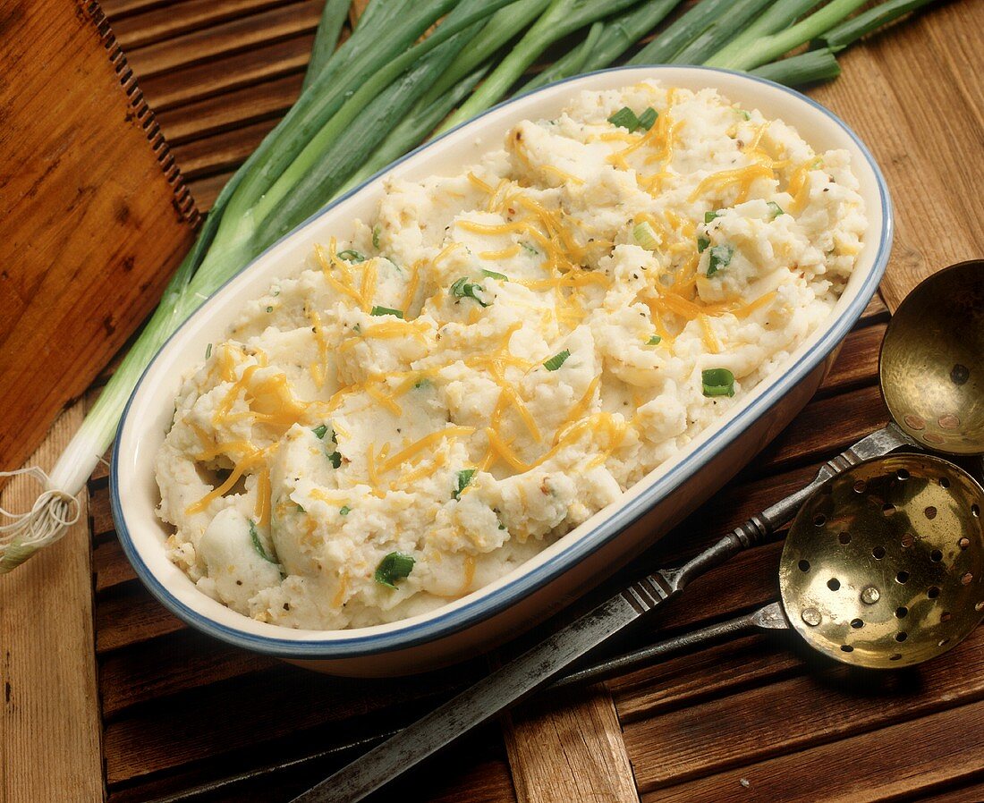 Mashed Potatoes with Green Onions and Shredded Cheddar Cheese