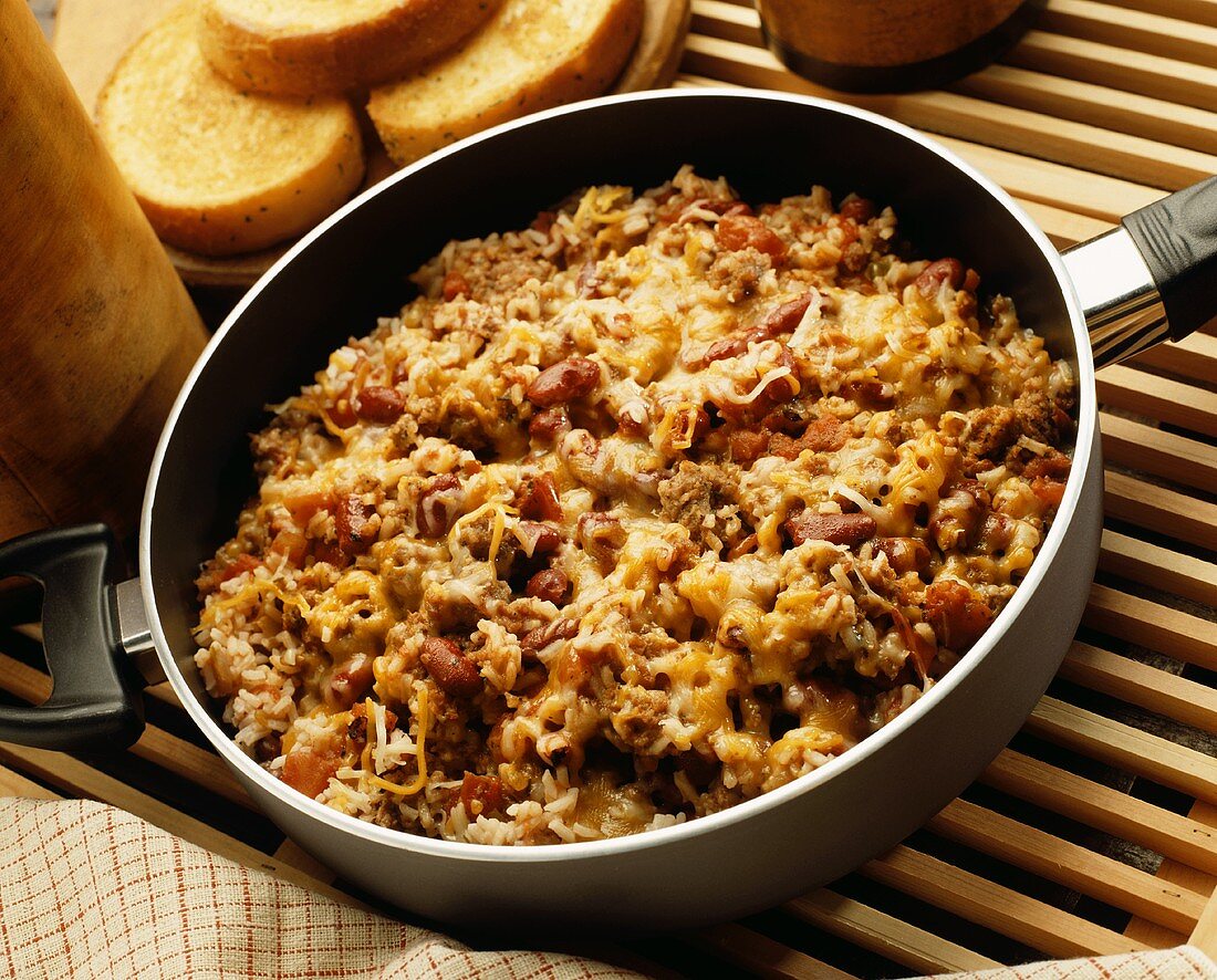 Cheesy Sausage, Bean and Rice Dinner in a Skillet