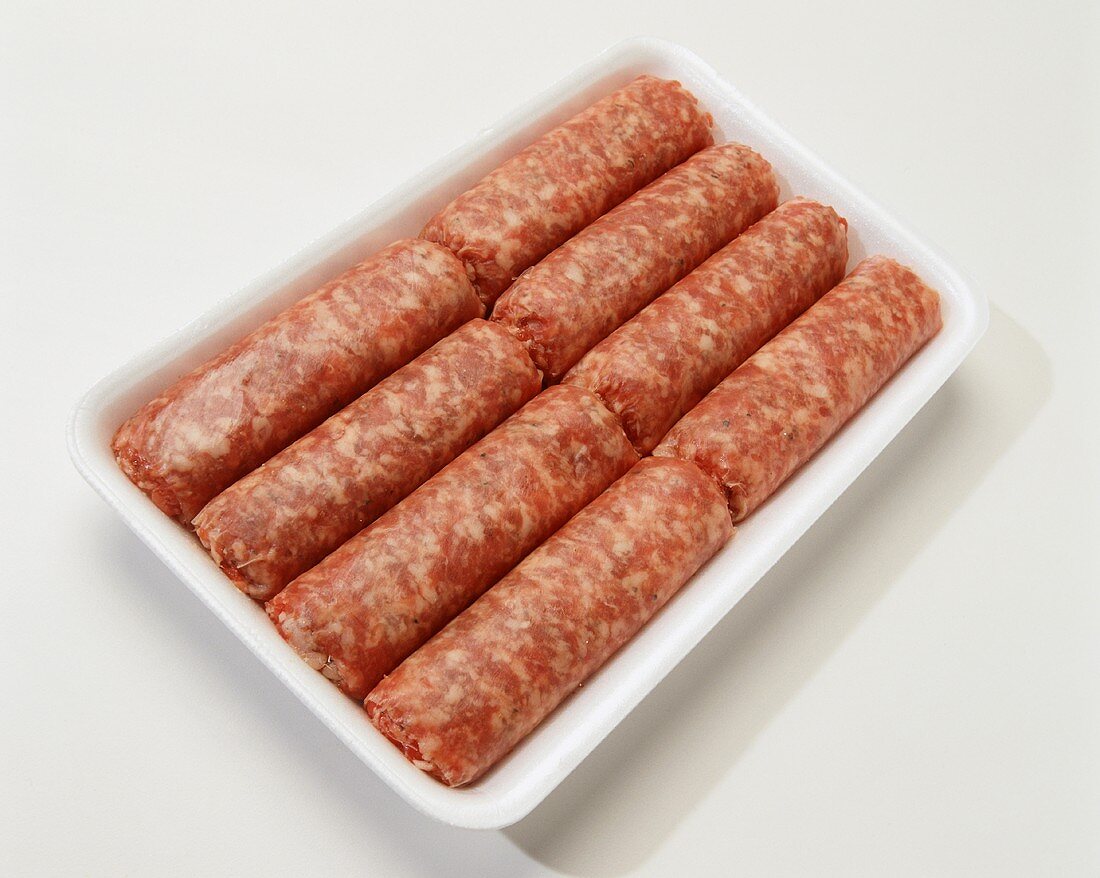 Raw Pork Sausage Links in White Tray