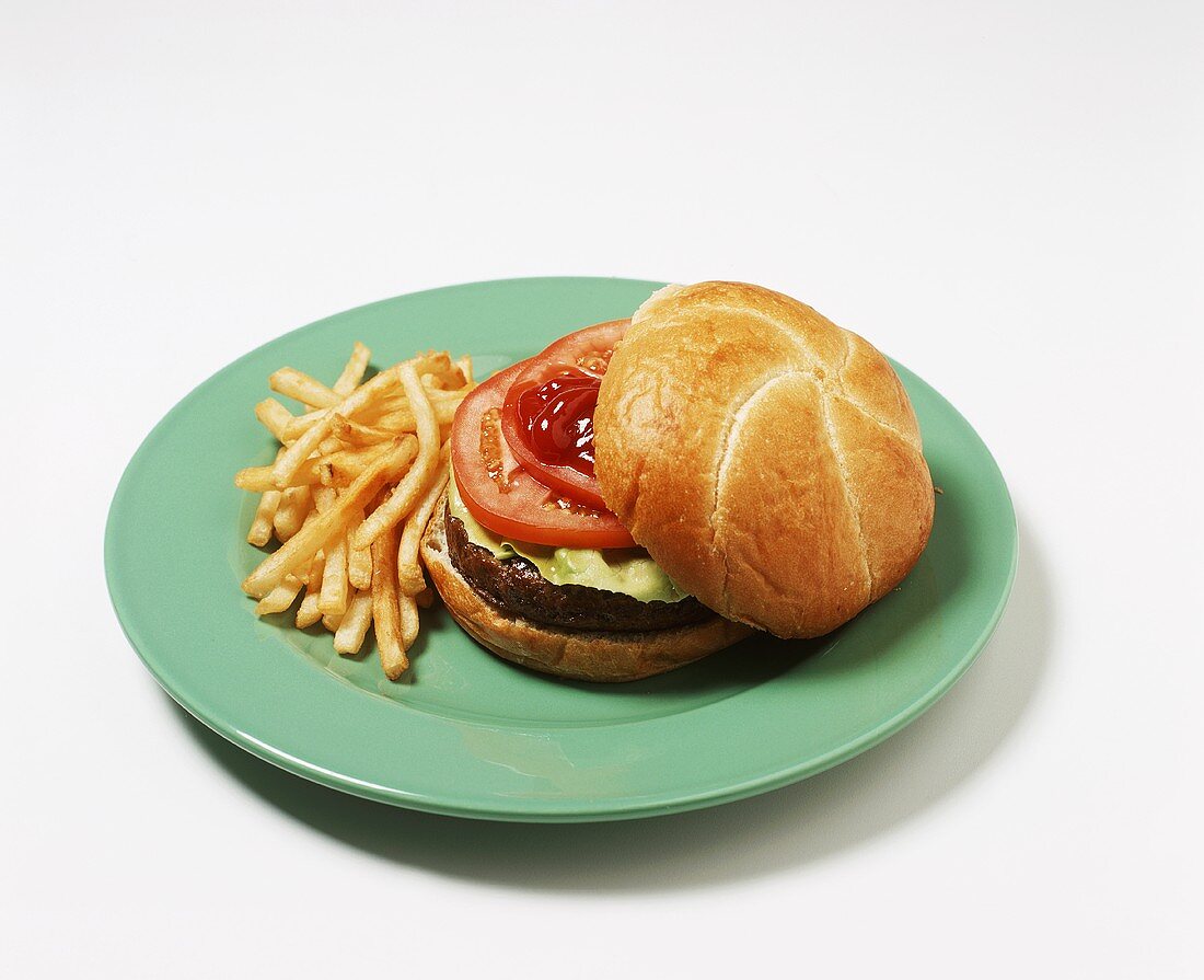 Hamburger with Lettuce, Tomato and Ketchup; French Fries on the Side