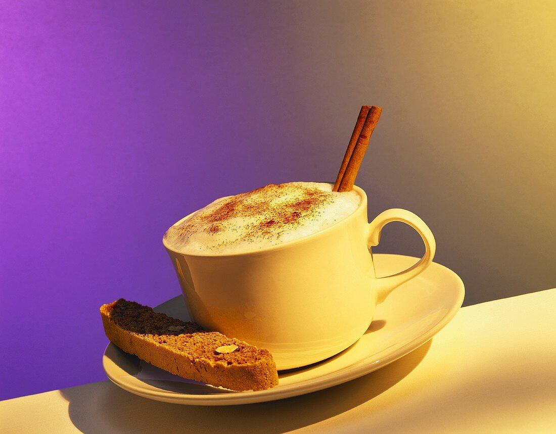 Eine Tasse Cappuccino mit Zimtstange und Biscotti
