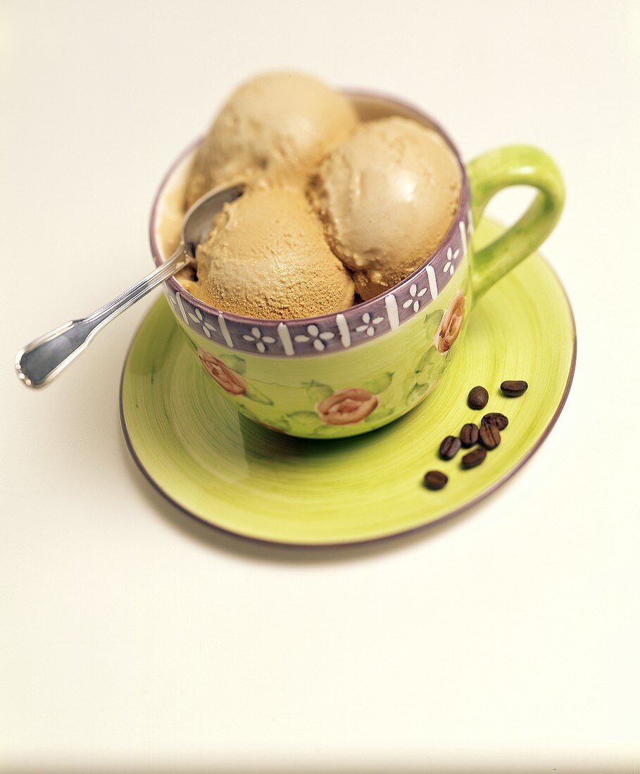 Coffee Ice Cream in a Fancy Cup and Saucer