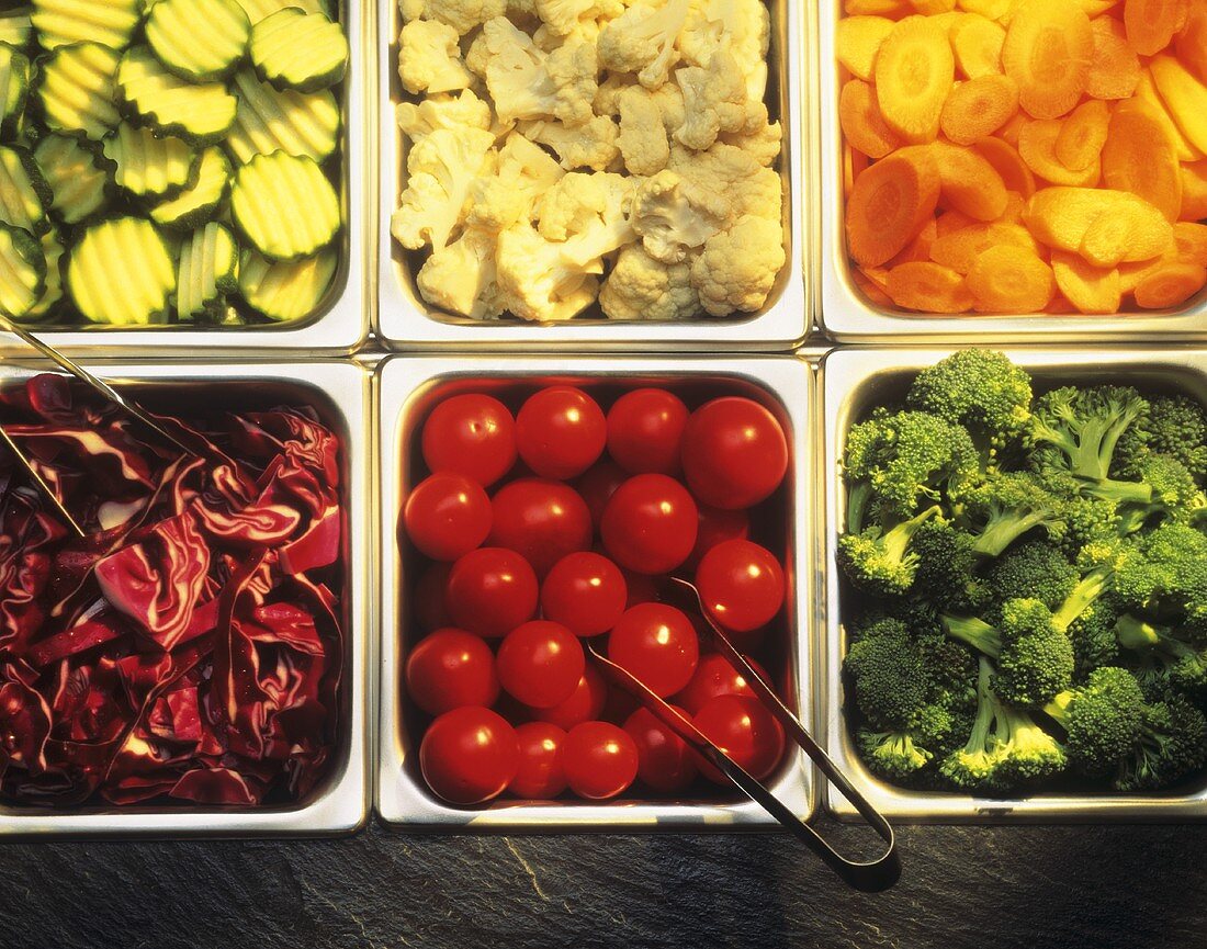 Assorted Vegetables in Inserts for Salad Bar