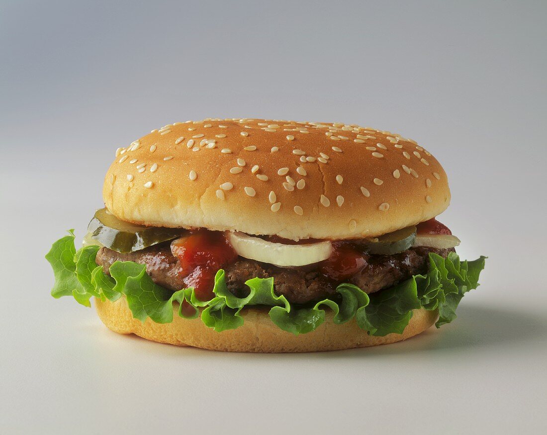 Hamburger with Lettuce and Onion on Sesame Bun