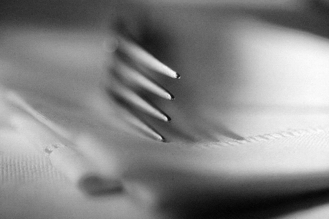 A fork on a white napkin (black and white close-up)