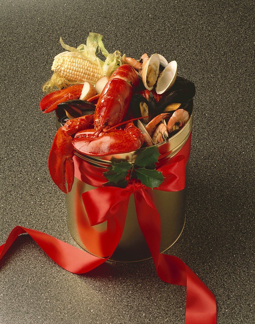 Lobster Bake in a Brass Bucket with Red Ribbon