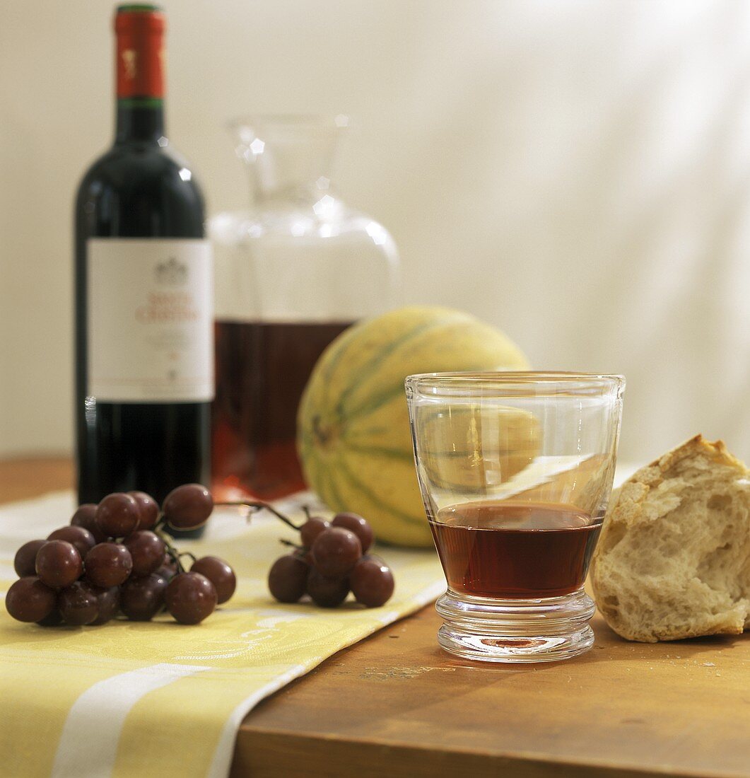 Mixed Still Life: Red Wine, Fruit and Bread