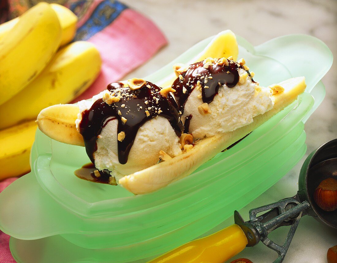 Banana Split with Chocolate Sauce and Nuts