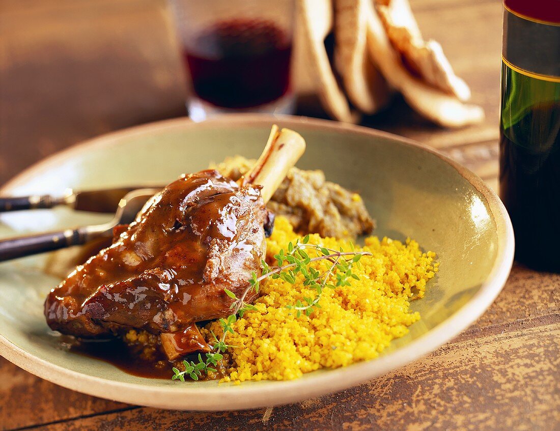 Braised Lamb Shank with Bulgur Wheat and Eggplant Puree