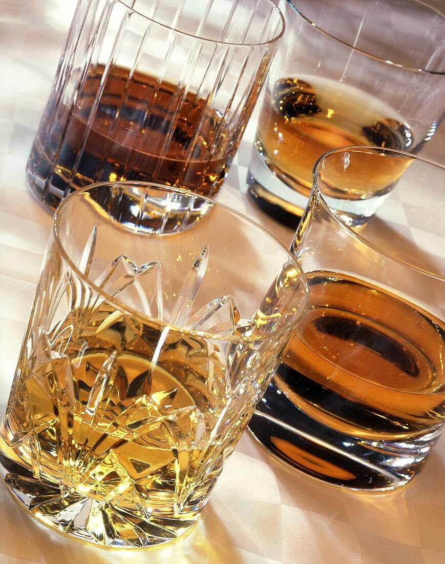Verschiedene Whiskeys in vier Gläsern