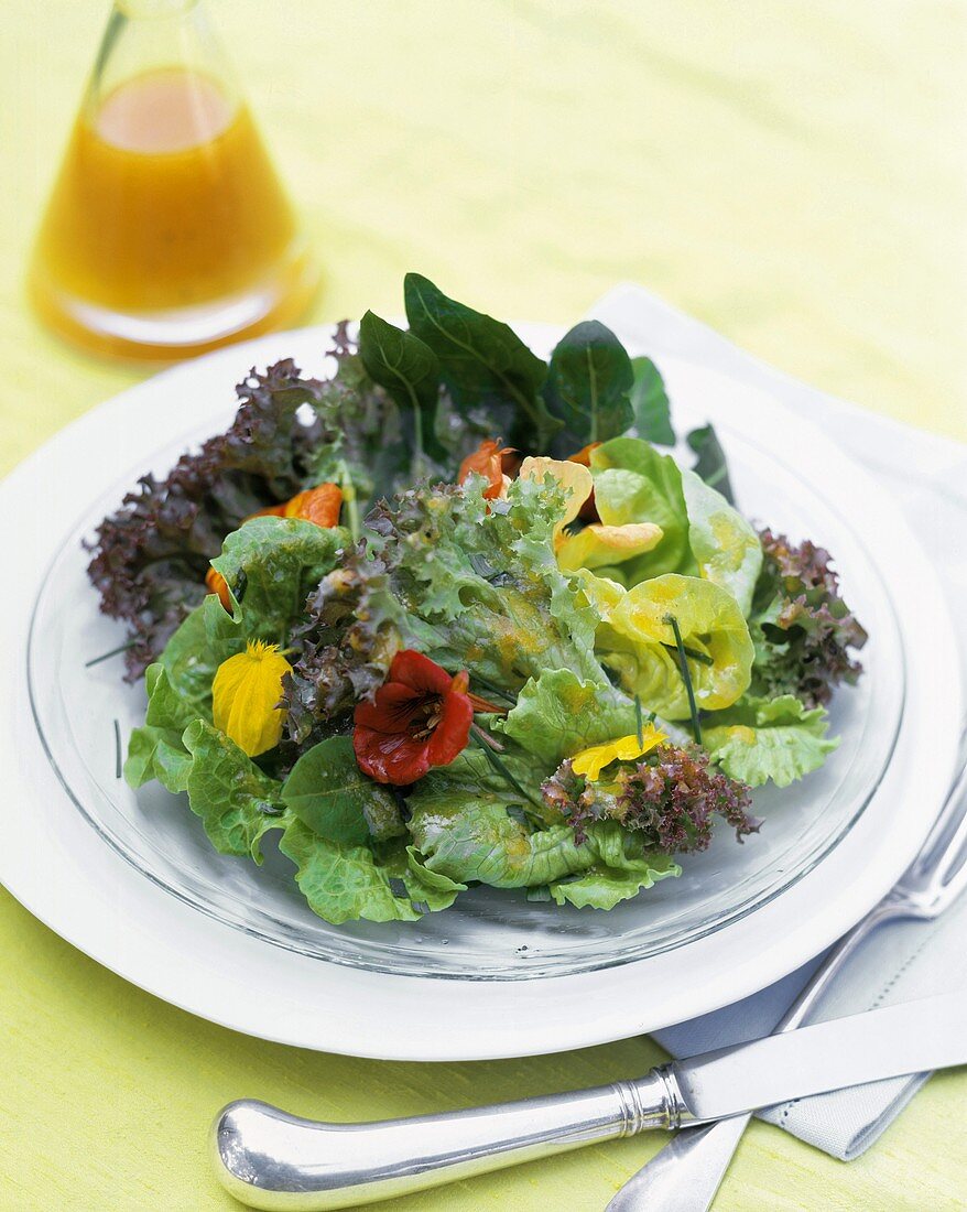 Mixed salad leaves with flowers