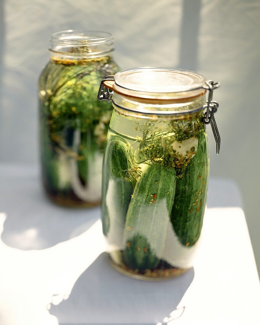 Pickled gherkins in pickling jars