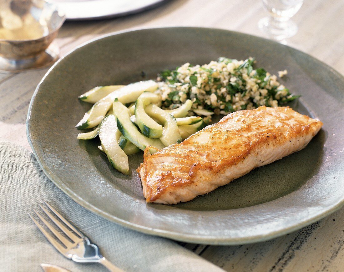 Salmon fillet with cucumber and herb couscous