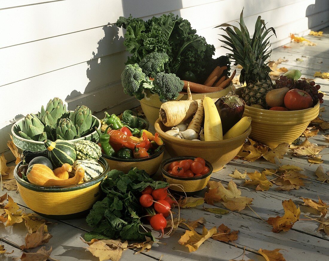 Autumn vegetable still life with fruit bowl on veranda