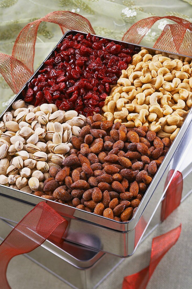Tin of Assorted Nuts with Ribbon as Gift
