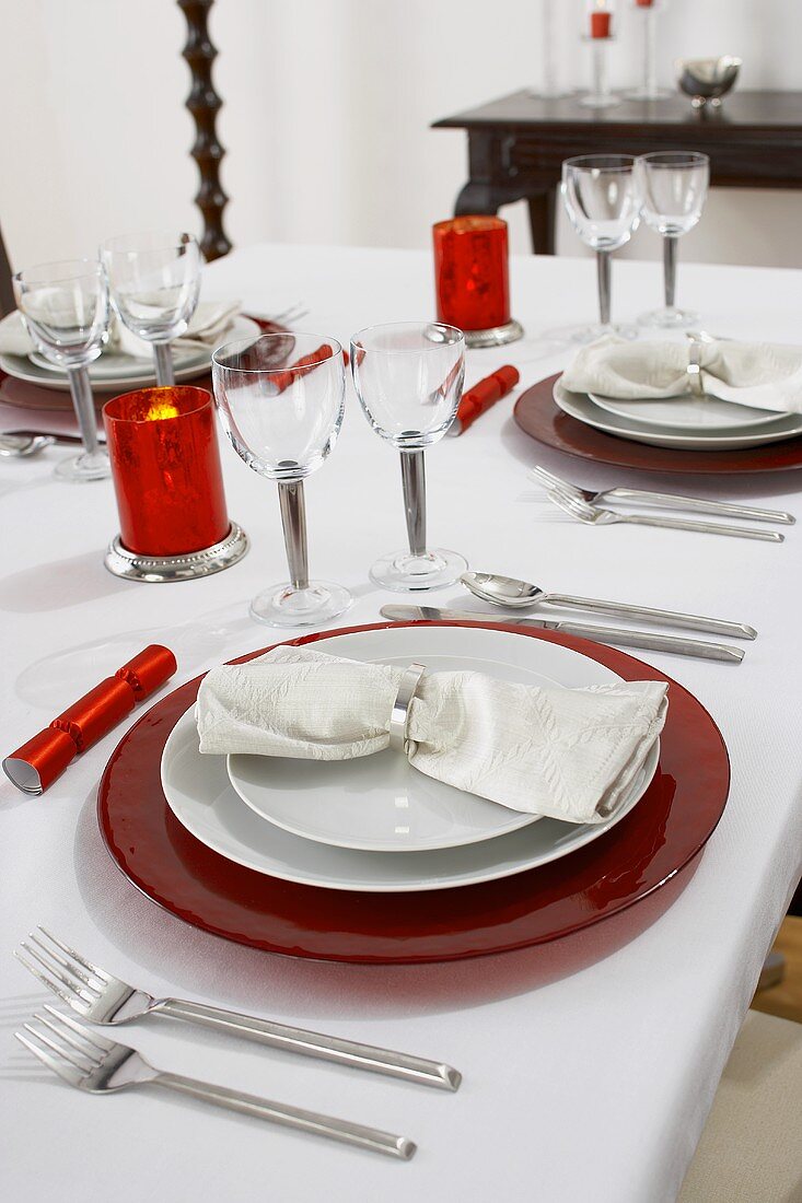 Table Set for Christmas Dinner with Christmas Crackers