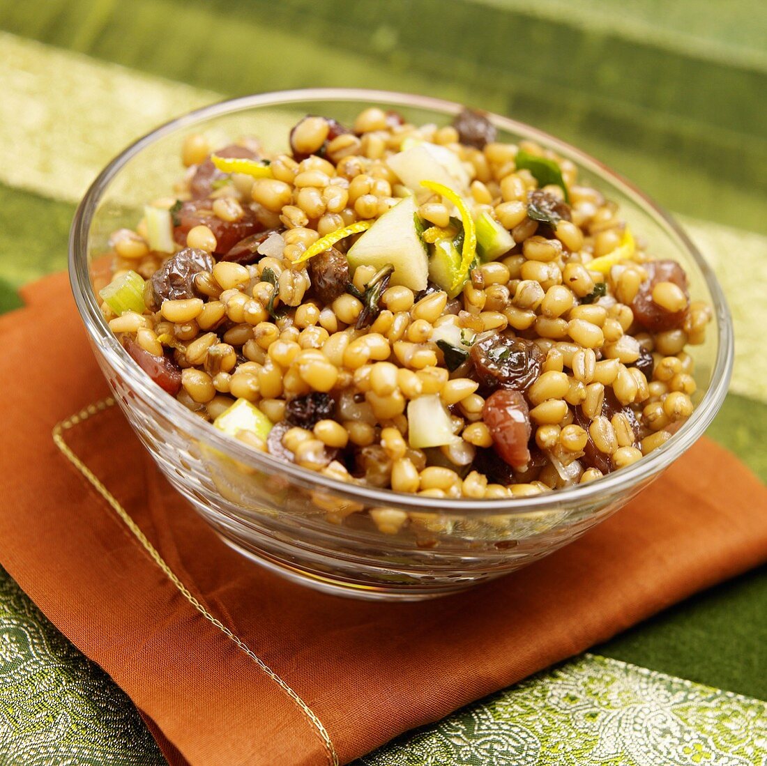 A bowl of pearl barley with dried fruit