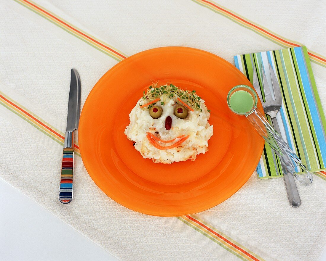 Mashed Potato Face with Sprouts, Carrots, Bean and Olives