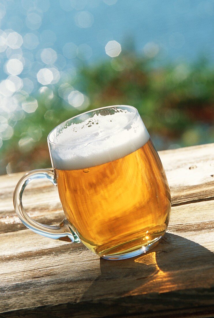 Glass Mug of Beer on an Outdoor Table, Waterside
