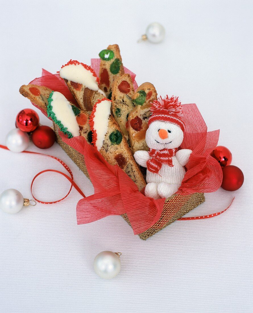 Fruitcake Biscotti in a Christmas Gift Box