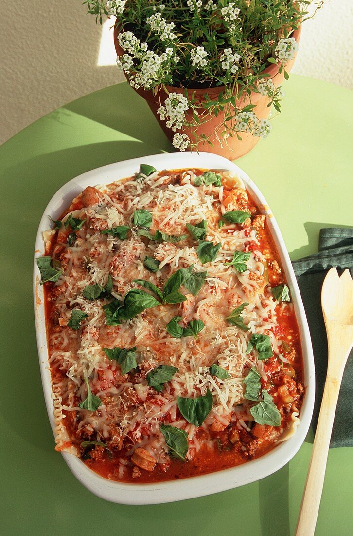 Prepared Lasagna in a Baking Dish Prior to Being Baked