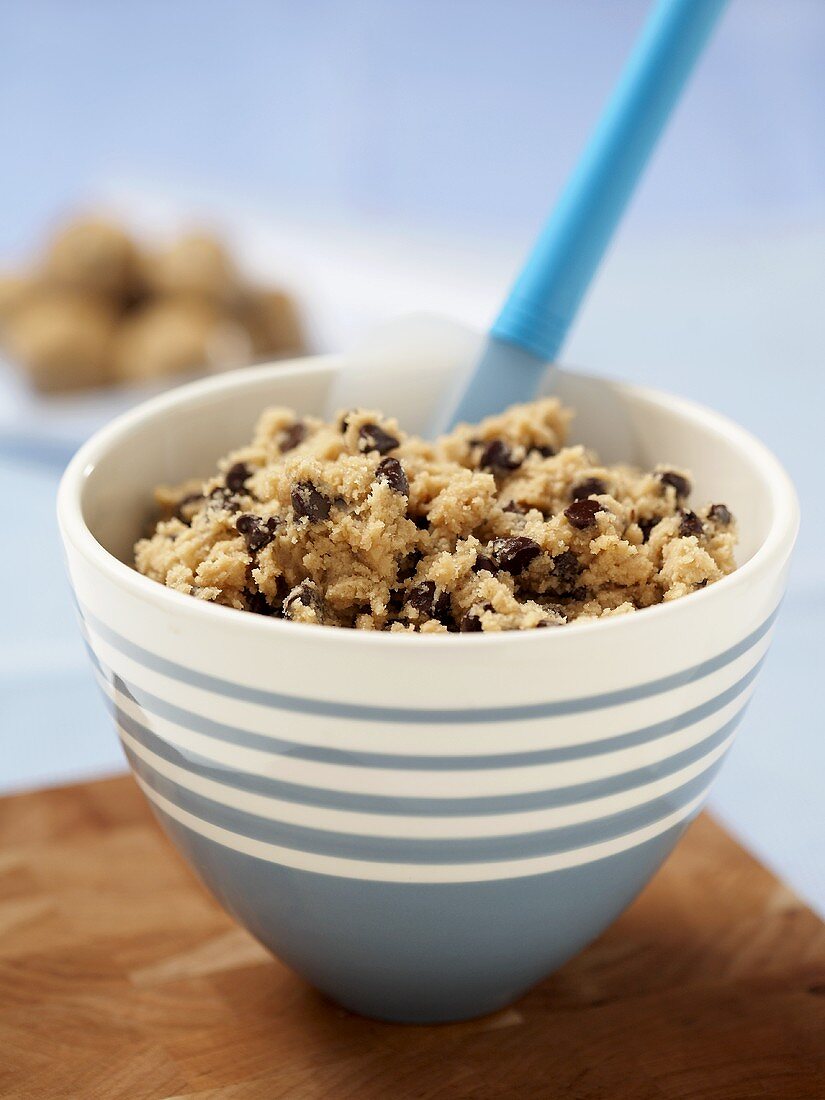 Bowl of Chocolate Chip Cookie Dough with Rubber Spatula