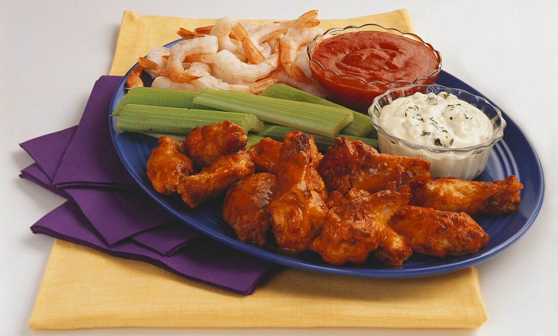 Appetizer Platter with Shrimp Cocktail and Buffalo Wings