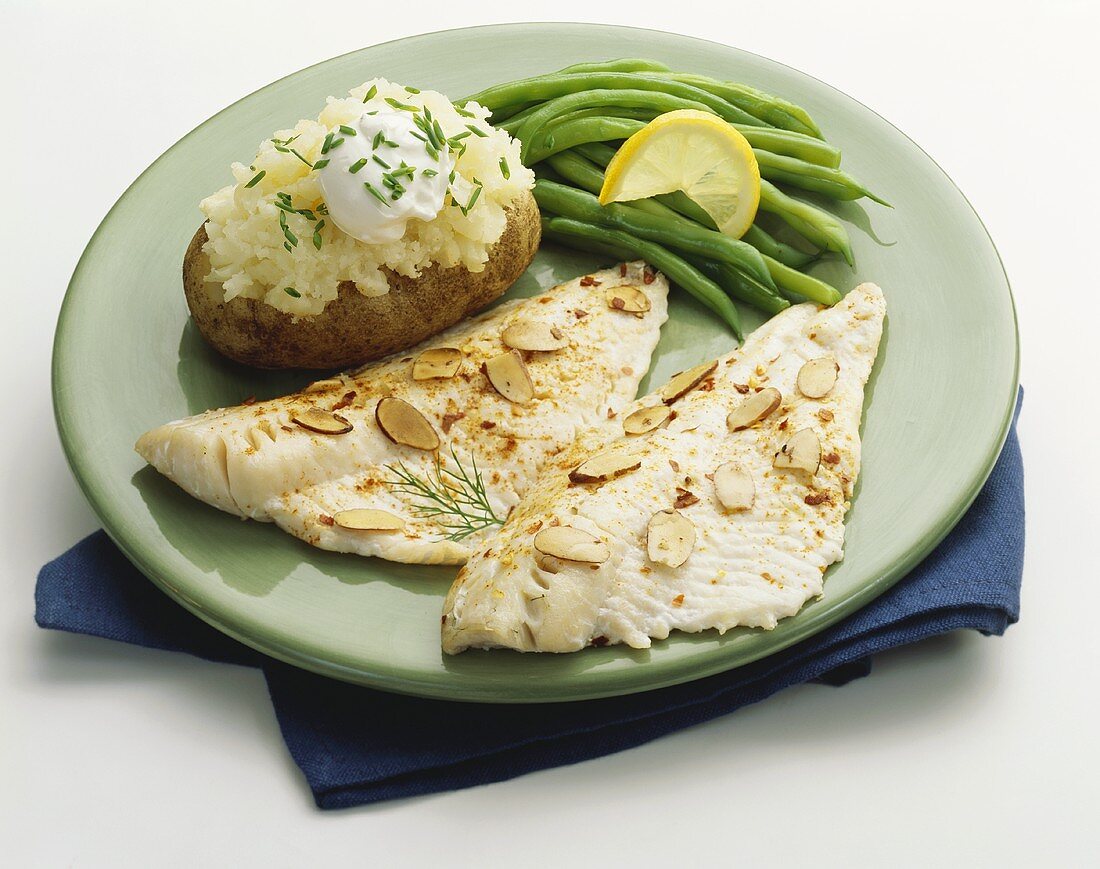 Halibut Fillets with Almonds, Green Beans and Baked Potato