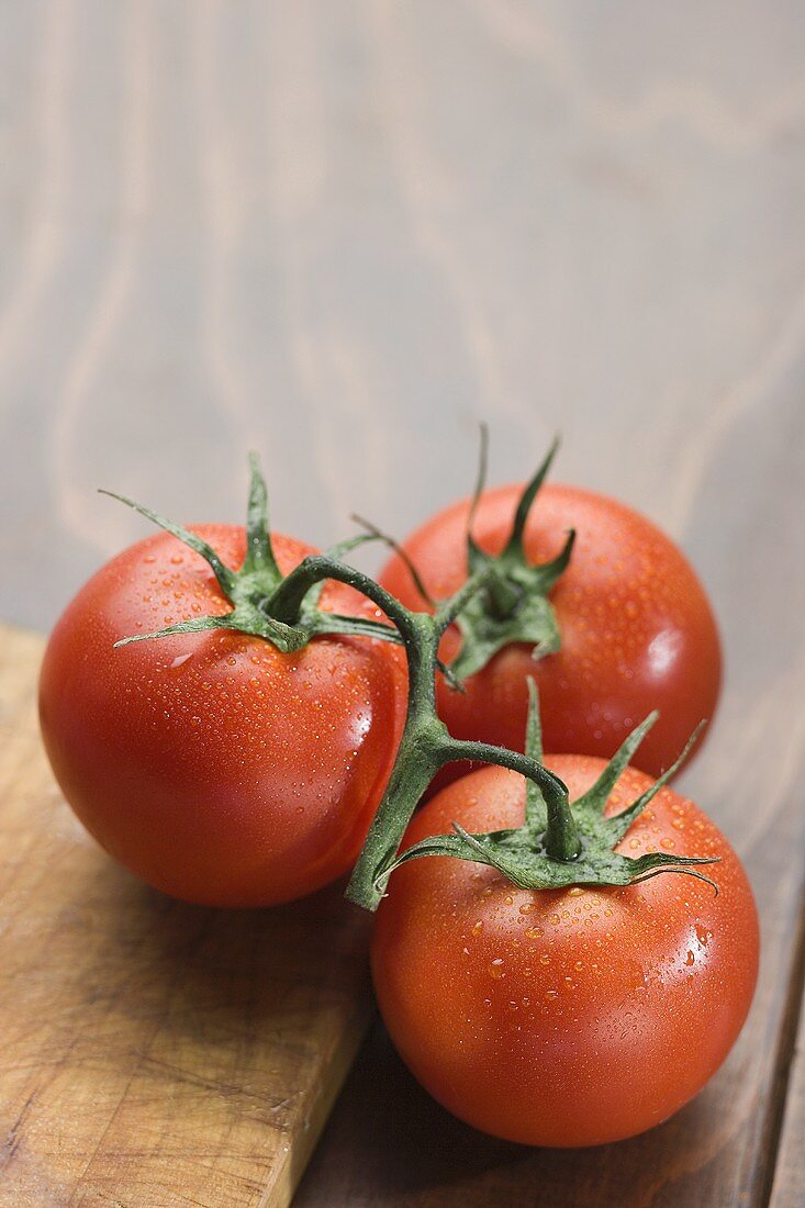 Three Freshly Washed Tomatoes on the Vine