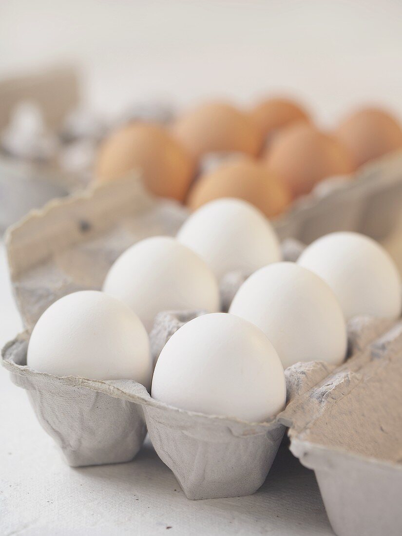 Braune und weiße Eier in Eierkartons