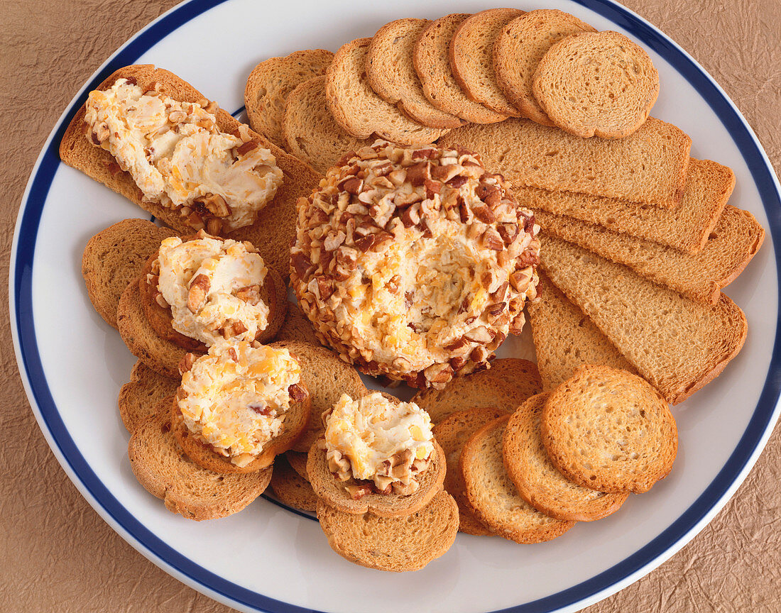 Cheese and Cracker Platter; Cheese Ball Spread on a Few Crackers