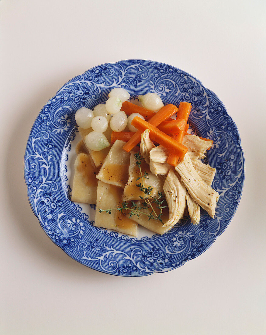 Plate of Chicken with Dumplings, Carrots and Pearl Onions on a White Background