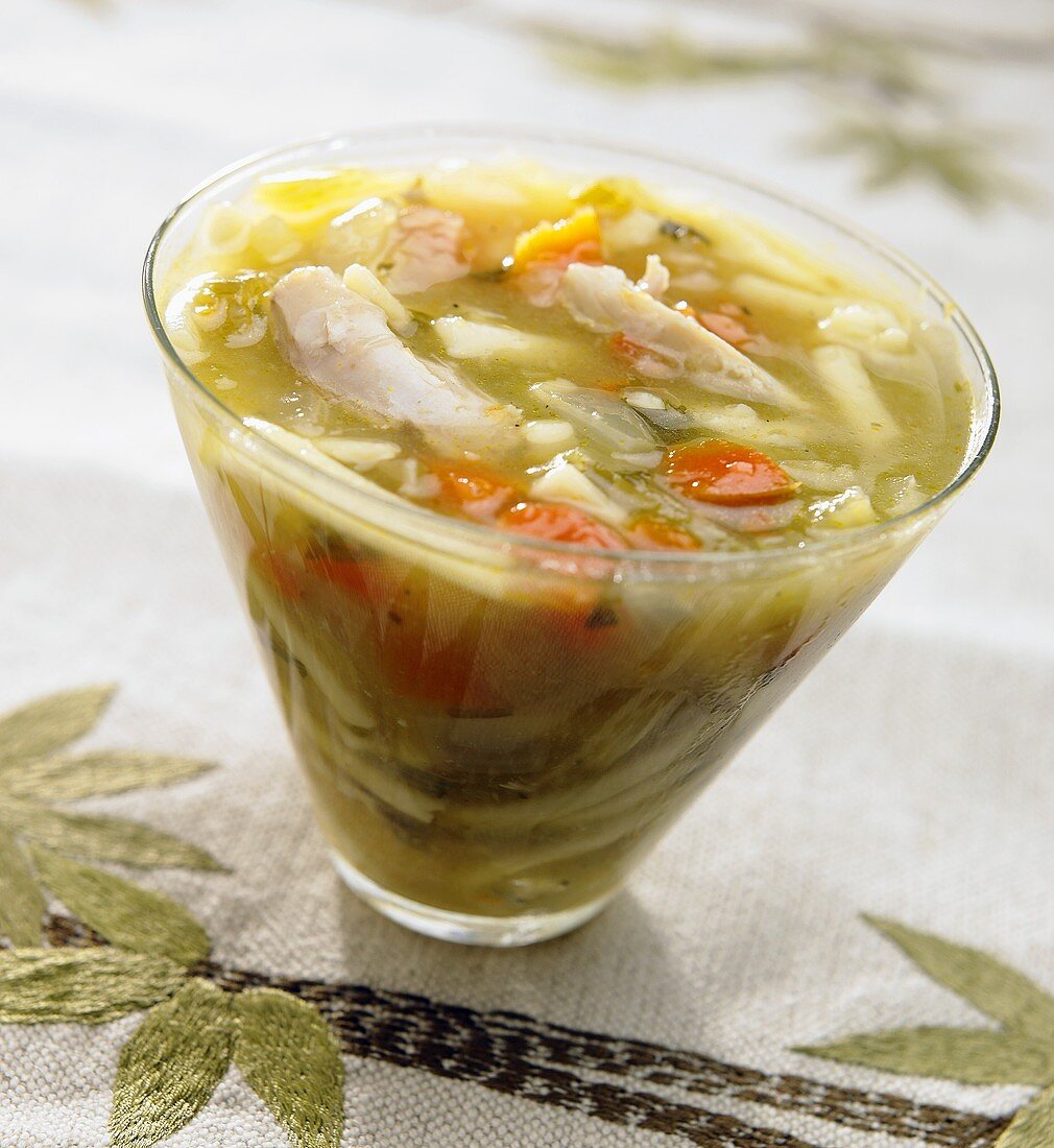 Chicken Noodle Soup in a Clear Glass Bowl