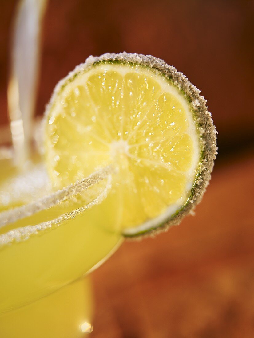 Margarita im Glas mit Salzrand und Limette (Close Up)