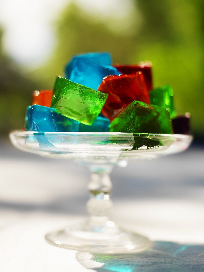 Colorful Gelatin Cubes in a Glass Pedestal Dish