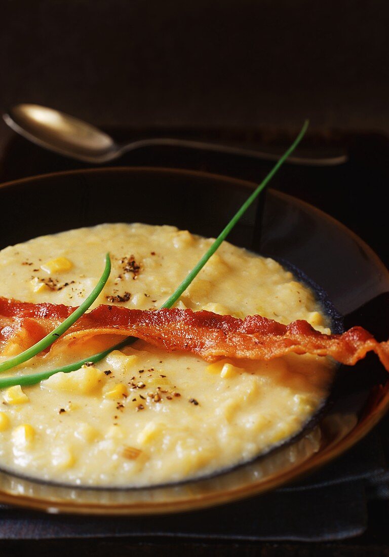 Bowl of Potato and Cheddar Cheese Corn Soup with Bacon