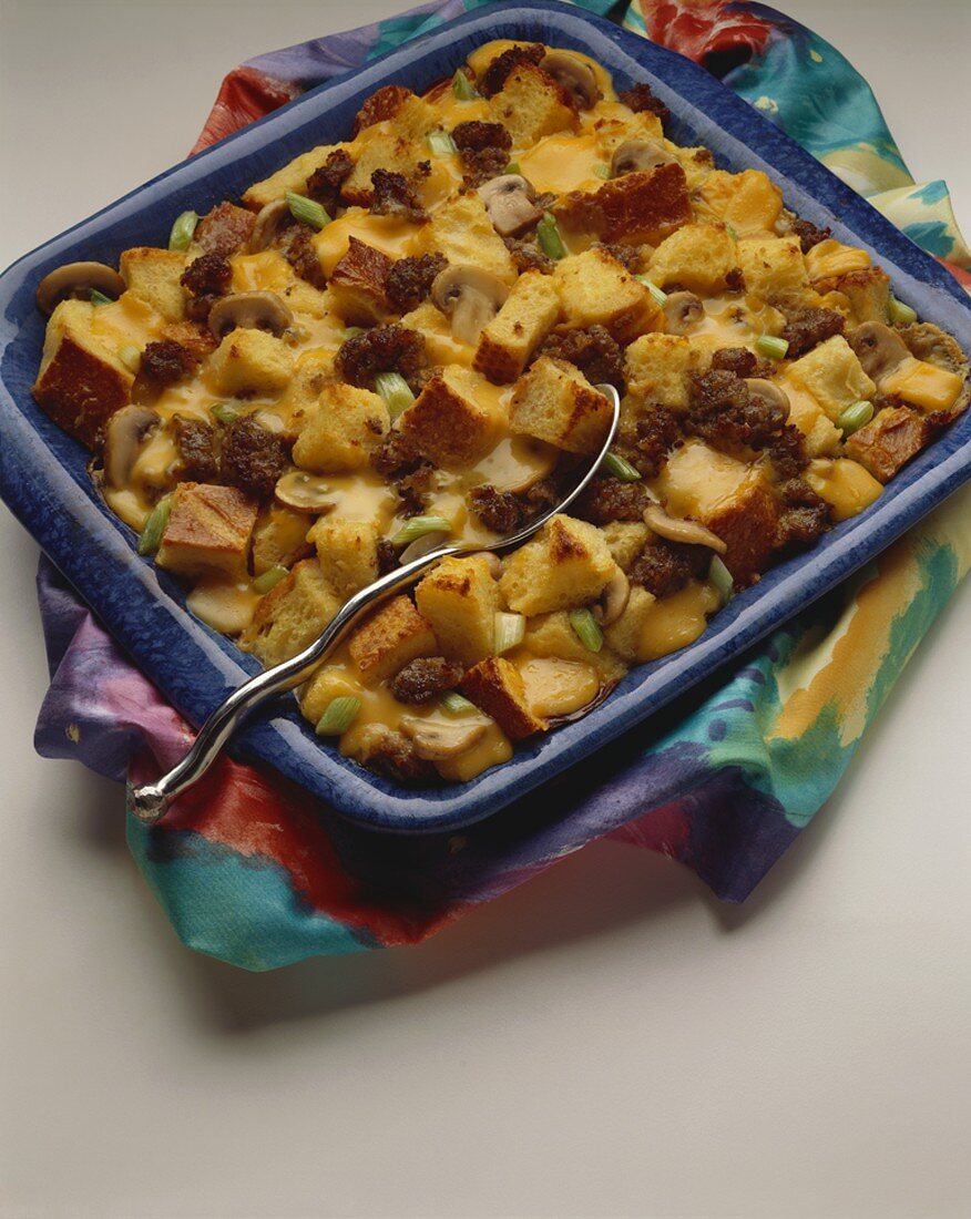 Egg, Sausage, Cheese and Bread Casserole in Baking Dish