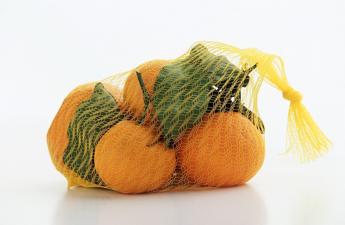 Tangerinen mit Blättern im Netz