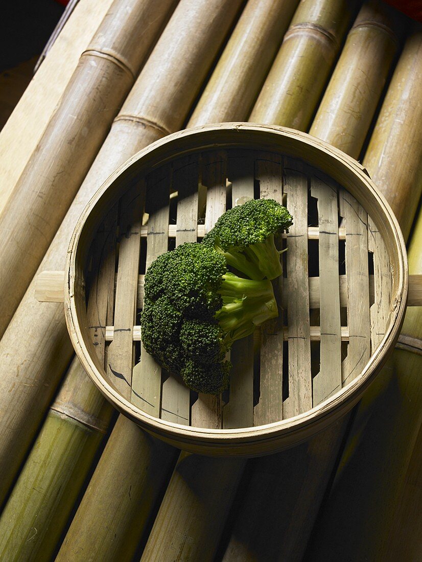 Steamed Broccoli in a Bamboo Steamer