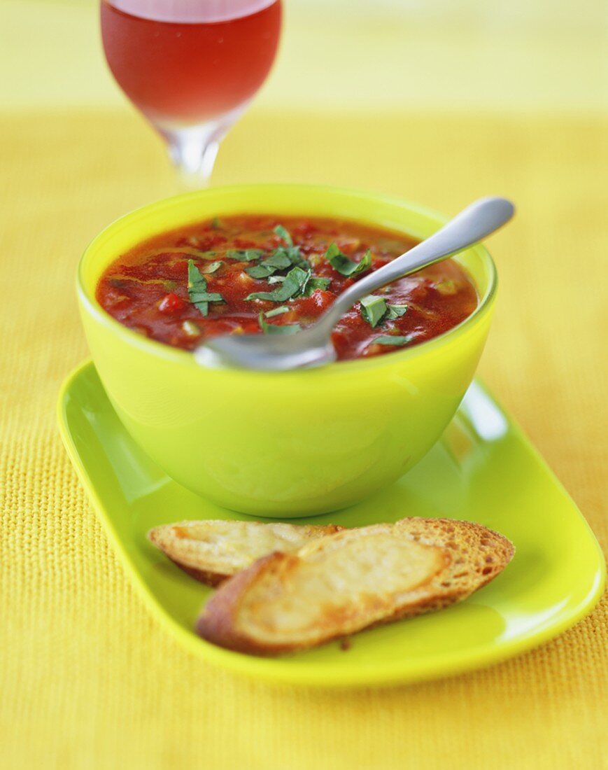 Gazpacho in a Green Bowl with Cheese Crostini and Wine