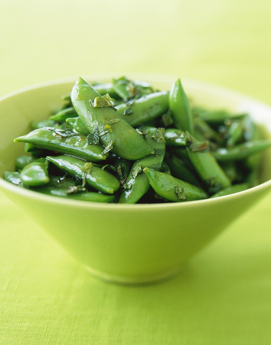 Snap Peas with Mint in a Green Bowl