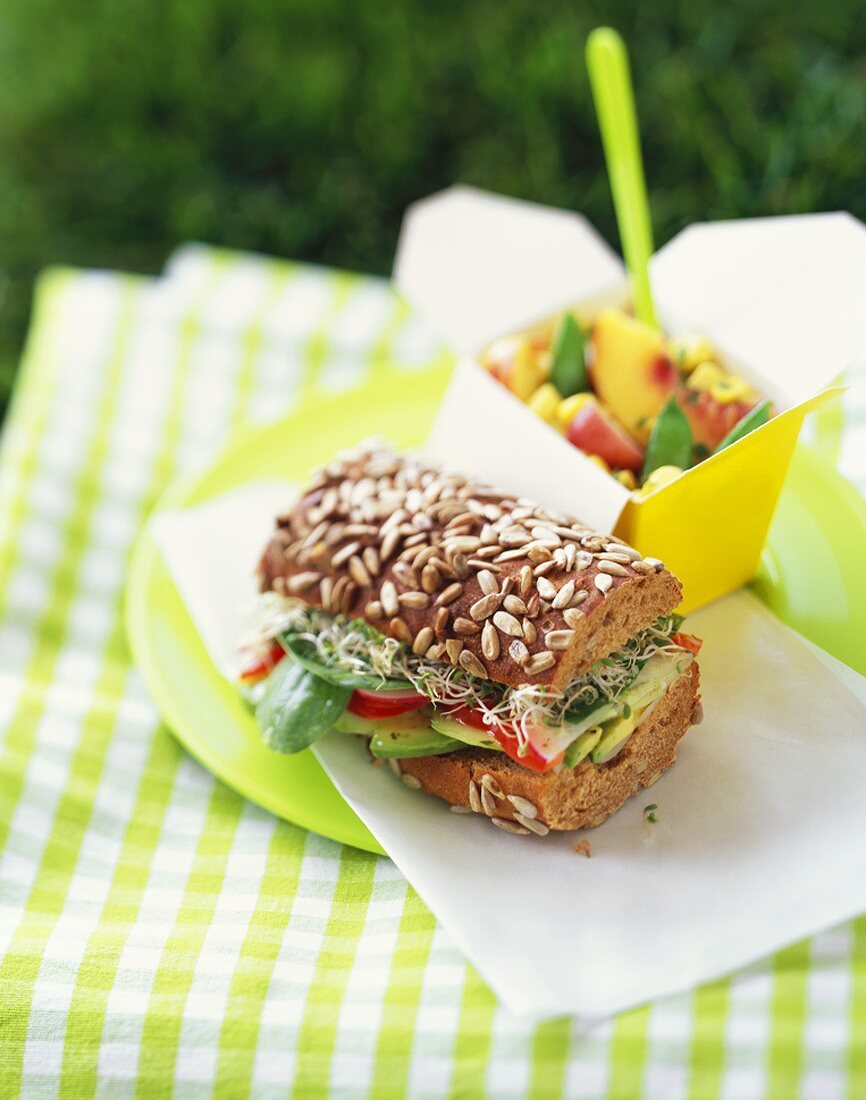 Whole Grain Veggie Sandwich on an Outdoor Picnic Table