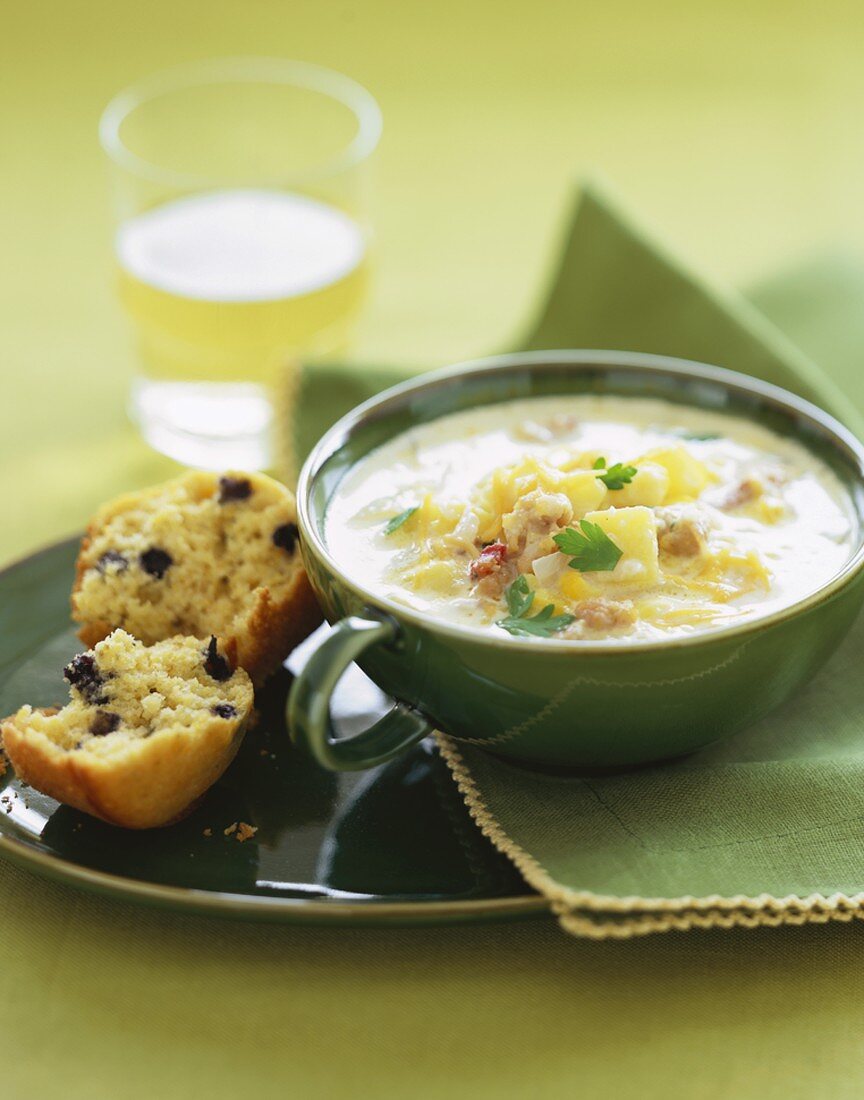 A Bowl of Corn Chowder with Currant Scone