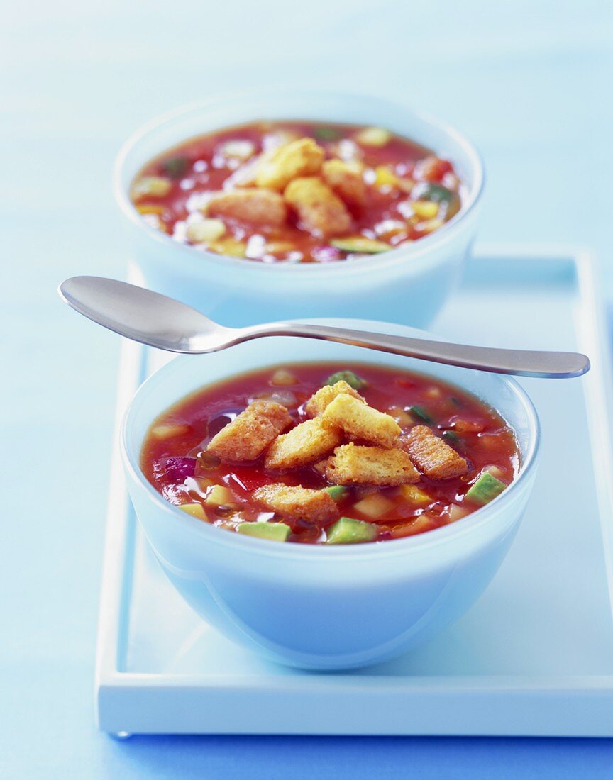 Gazpacho in Two Blue Bowls