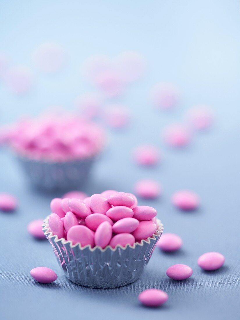 Muffin Cups of Pink Candy Coated Chocolates