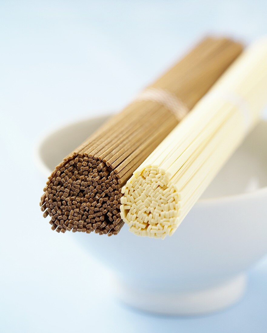 A Bundle of Soba and a Bundle of Udon Noodles on a Bowl